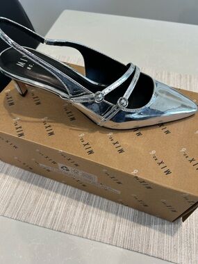 Metallic Silver Pointed Slingback Heel with Double Straps